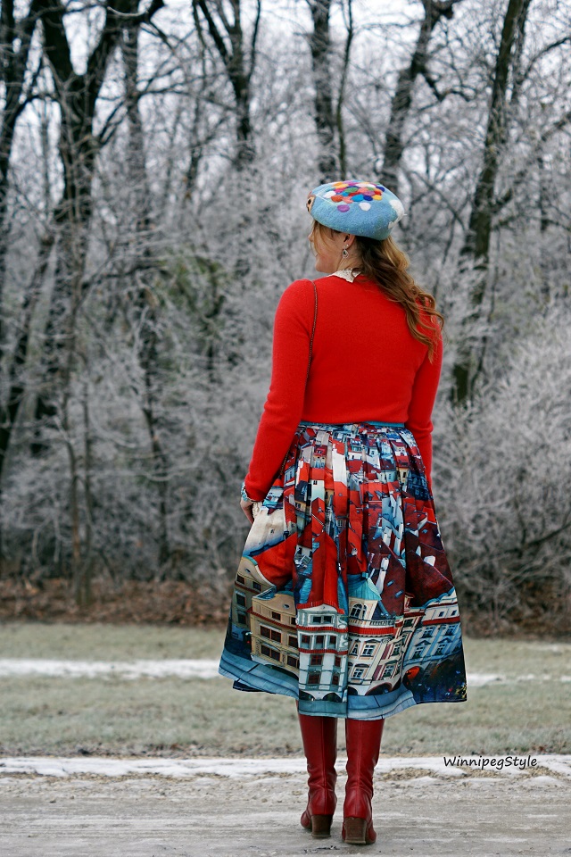 Winnipeg Style, fashion stylist, consultant, Chicwish house panoramic red and blue houses, Mary Frances novelty popcorn bucket handbag, Lord & Taylor bright red cashmere sweater, Etsy handmade Disney inspired Up balloon house hat, John Fluevog red leather Zinka operetta boots